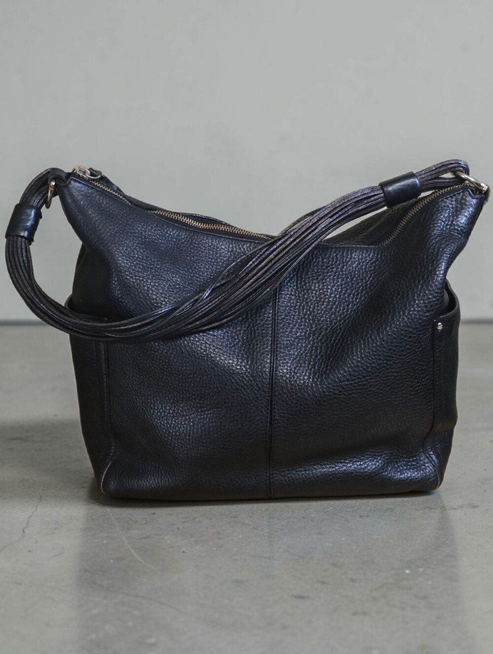 Kate Spade New York Black Pebbled Leather Tassel Fringe Black Shoulder Hobo Bag
